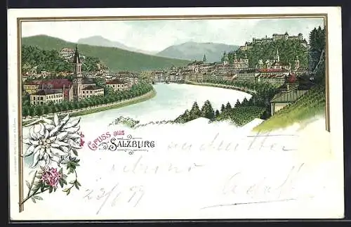 Lithographie Salzburg, Ortspartie, Edelweiss