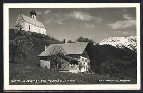 AK Montafon, Gasthaus Adler und die Kirche St. Bartholomä