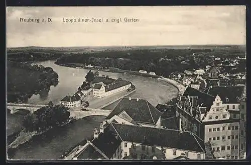 AK Neuburg / Donau, Leopoldinen-Insel und englischer Garten von oben gesehen