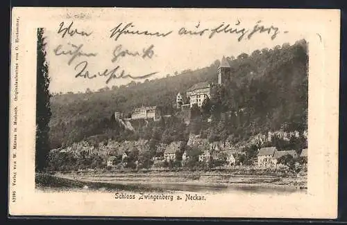 AK Zwingenberg / Neckar, Schloss Zwingenberg mit Uferpartie