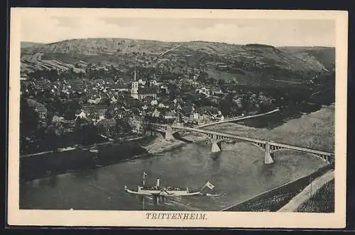 AK Trittenheim, Ortansicht mit Brücke und Dampfer