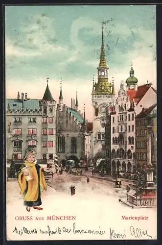 AK München, Münchner Kindl auf dem Marienplatz