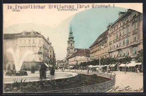 AK Graz, Bismarckplatz mit Springbrunnen