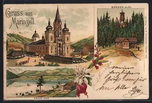 Vorläufer-Lithographie Mariazell, 1895, Wallfahrtskirche, Bürger-Alpl, Erlaf-See