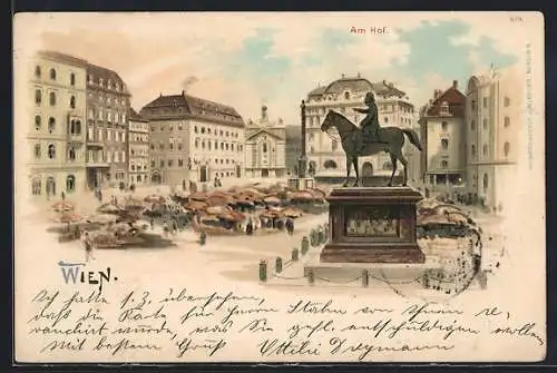 Lithographie Wien, Marktstände und Denkmal am Hof