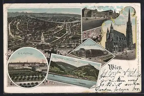 Lithographie Wien, Reichsrathsgebäude, Stefansdom, Gesamtansicht aus der Vogelschau