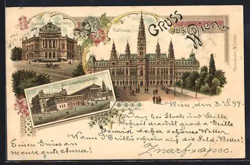 Lithographie Wien, Reichsrathsgebäude, Deutsches Volkstheater, Rathaus