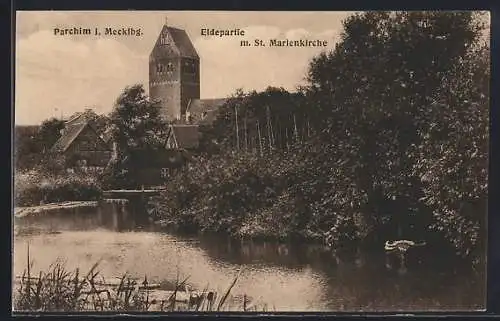 AK Parchim / Mecklenburg, Eldepartie m. St. Marienkirche