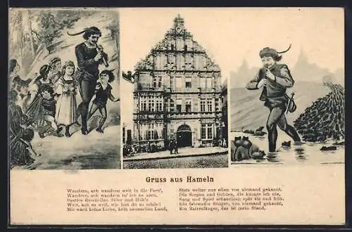 AK Hameln, Rattenfängerhaus, Rattenfänger von Hameln und Gedicht