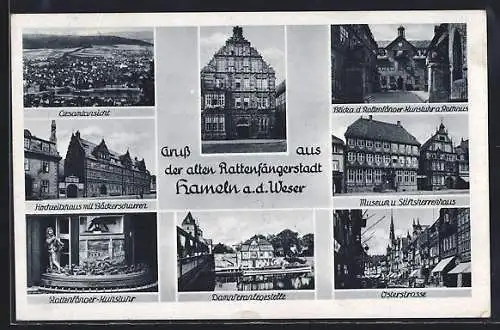 AK Hameln a. d. Weser, Rattenfänger-Kunstuhr, Hochzeitshaus mit Bäckerscharren, Rattenfängerhaus