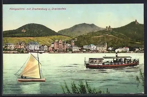 AK Königswinter, Ortsansicht mit Drachenburg und Drachenfels