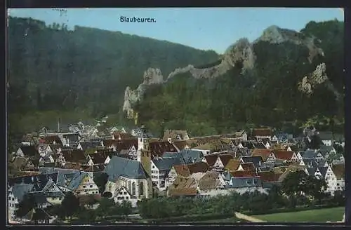 AK Blaubeuren, Ortsansicht mit Berg