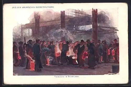 Künstler-AK Heinrich Kley: Essen, Friedrich Krupp AG, Gussstahlfabrik, Tiegelguss im Schmelzbau