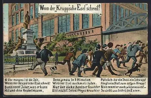 Künstler-AK Essen /Ruhr, Gebäude mit Passanten, Gedicht
