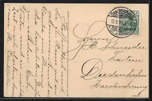 AK Saarbrücken, Blick auf das Kaiserliche Postamt, Littfasssäule