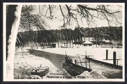 AK Berlin-Wannsee, Gasthaus zur Pfaueninsel an der Havel, Ansicht im Winter