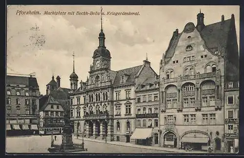 AK Pforzheim, Marktplatz MIt Beckh-Bräu, Gasthaus Zum Hecht und Geschäft Gustav Feldmann