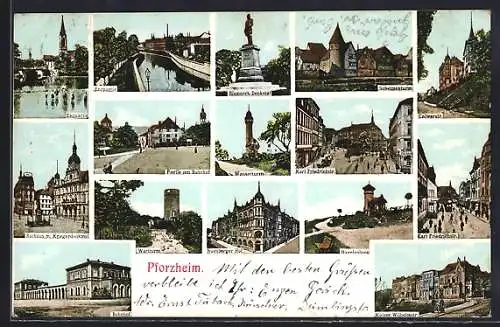 AK Pforzheim, Wasserturm, Wartturm, Bahnhof, Bismarck-Denkmal