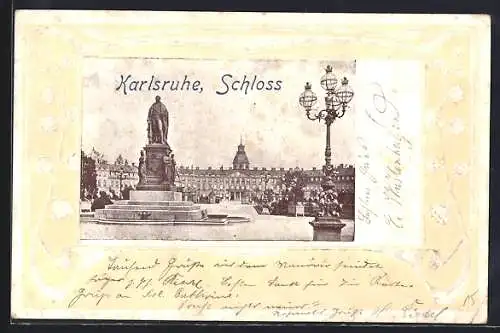 Präge-AK Karlsruhe, Blick auf das Schloss mit Blumenrahmen