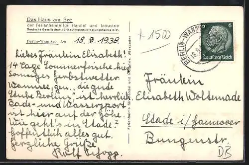 AK Berlin-Wannsee, Das Haus am See, Deutsche Gesellschaft für Kaufmanns-Erholungsheime E.V.