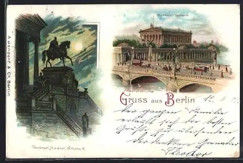 Lithographie Berlin, Denkmal Friedrich Wilhelm IV., Nationalgalerie mit Friedrichsbrücke