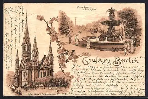 Lithographie Berlin-Tiergarten, Wrangelbrunnen und Sieges-Allee, Kaiser Wilhelm Gedächtniskirche