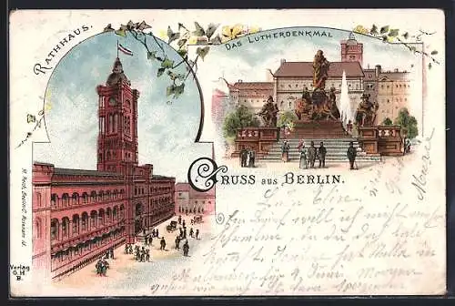 Lithographie Berlin, Das Lutherdenkmal, Rathaus, Königstrasse