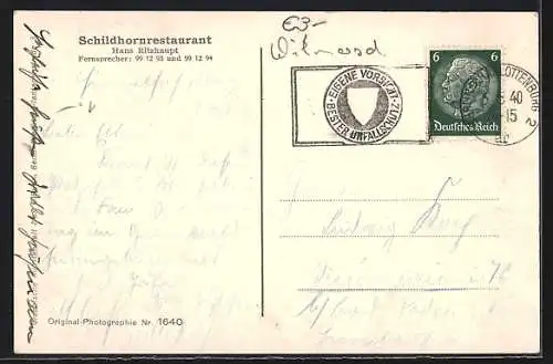 AK Berlin-Grunewald, Schildhorn-Restaurant mit Wasserpartie, Inh. Hans Ritzhaupt