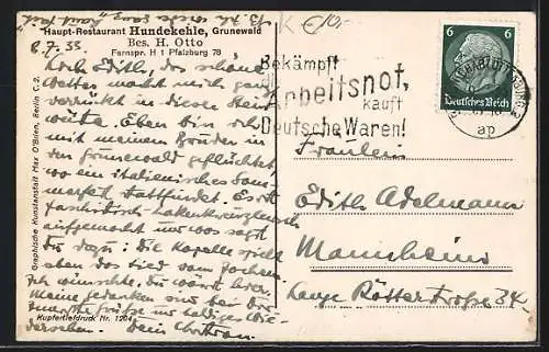 AK Grunewald, Blick auf das Restaurant Hundekehle, Bes. H. Otto