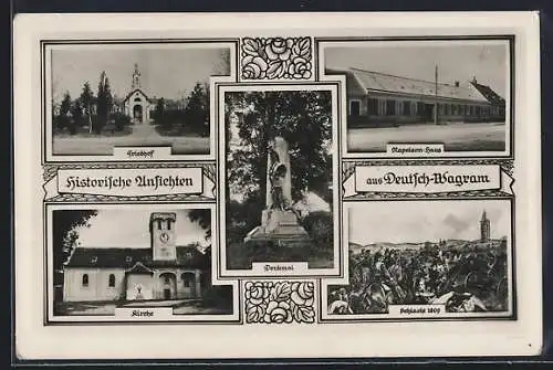 AK Deutsch-Wagram, Denkmal, Kirche, Friedhof