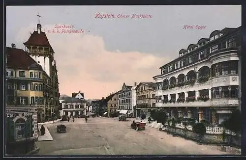 AK Kufstein, Oberer Marktplatz mit Sparkasse u. k. k. Postgebäude, Hotel Egger