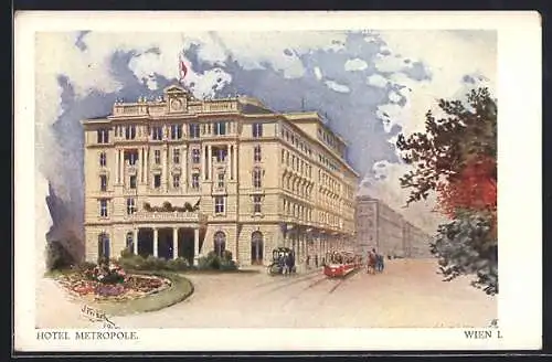 AK Wien, Hotel Metropole, Strassenbahn