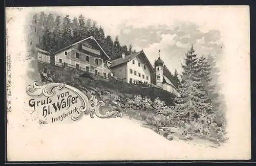 Lithographie Innsbruck, Blick zur Kirche Hl. Wasser