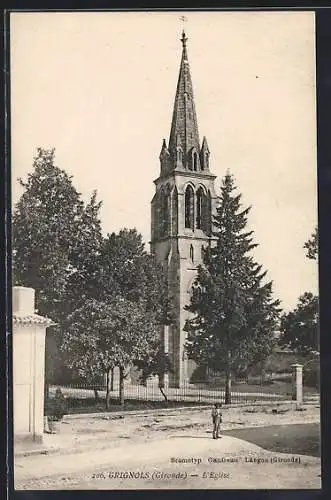 AK Grignols, L`Église et son clocher majestueux entourés d`arbres