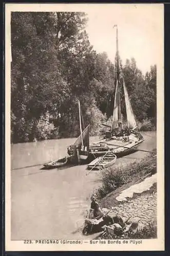 AK Preignac, Sur les Bords de l`Uyot avec bateau à voile