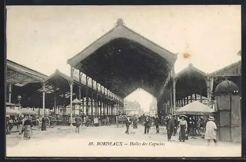 AK Bordeaux, Halles des Capucins animées avec passants et étals