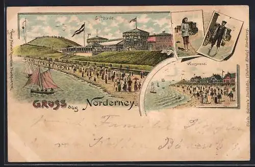 Lithographie Norderney, Gasthaus Giftbude, Weststrand, Segelboote
