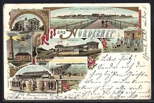 Lithographie Norderney, Neue Giftbude, Victoriahalle, Damenbad, Panorama vom Seesteg aus