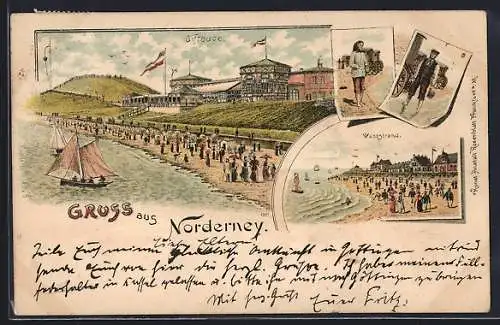 Lithographie Norderney, Giftbude mit Strand, Weststrand, Norderneyer und Badewagen