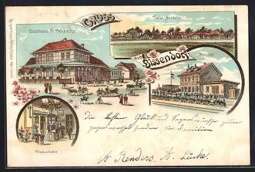 Lithographie Bissendorf /Hannover, Gasthaus F. Gödecke mit Gaststube, Bahnhof, Totalansicht