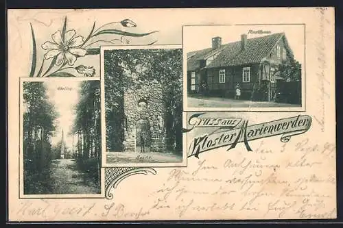 AK Kloster Marienwerder, Forsthaus, Obelisk, Ruine, Blume