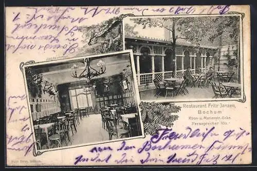 AK Bochum, Restaurant F. Janzen, Roon- u. Marienstr.-Ecke, Garten u. Jagdzimmer, Rehbock