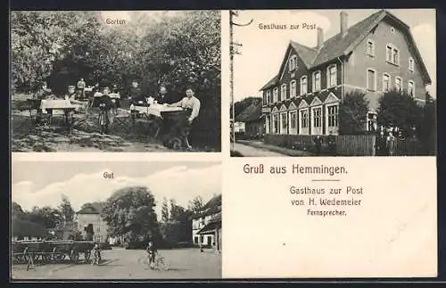 AK Hemmingen / Hannover, Gasthaus zur Post H. Wedemeier mit Garten und Gästen, Gutshof mit Knaben u. Fahrrädern