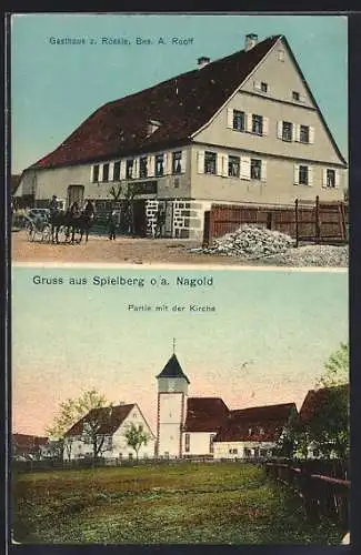 AK Spielberg /Nagold, Gasthaus zum Rössle A. Ruoff mit Kutsche, Partie mit der Kirche