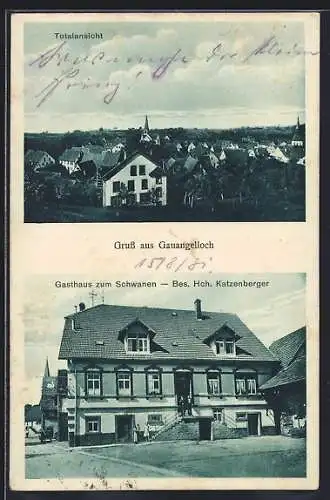 Mondschein-AK Gauangelloch, Gasthaus zum Schwanen H. Katzenberger mit Strasse u. Kirchturm, Totalansicht