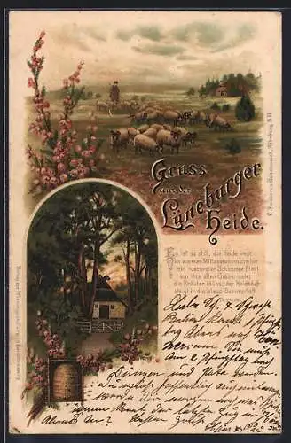 Lithographie Hof in der Lüneburger Heide mit Imkerei, Vers von Th. Storm