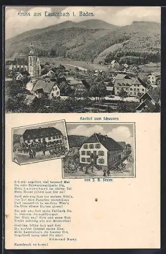 AK Lautenbach i. Baden, Gasthof zum Schwanen J. B. Sester mit Strasse, Totalansicht mit Bergpanorama aus der Vogelschau