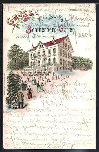 Lithographie Benthe bei Hannover, Gaststätte Bentherberg-Garten mit zuströmenden Gästen