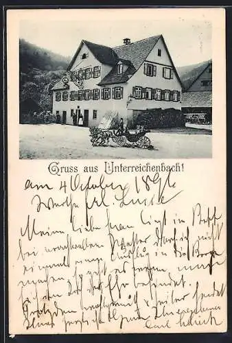 AK Unterreichenbach, Gasthaus mit Versammlung, Strasse u. Kutsche
