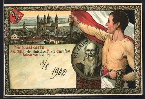 Lithographie Worms, 26. Mittelrheinisches Kreis-Turnfest 1902, Turnvater Jahn